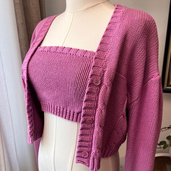 Lilac Cropped Cardigan and Tube Top Knit Two-Piece Set - Picture 2 of 7